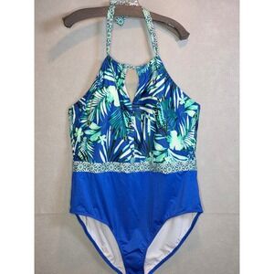 Clean Water Plus Size 24W Tropical Palm Halter One Piece Swimsuit Blue Green